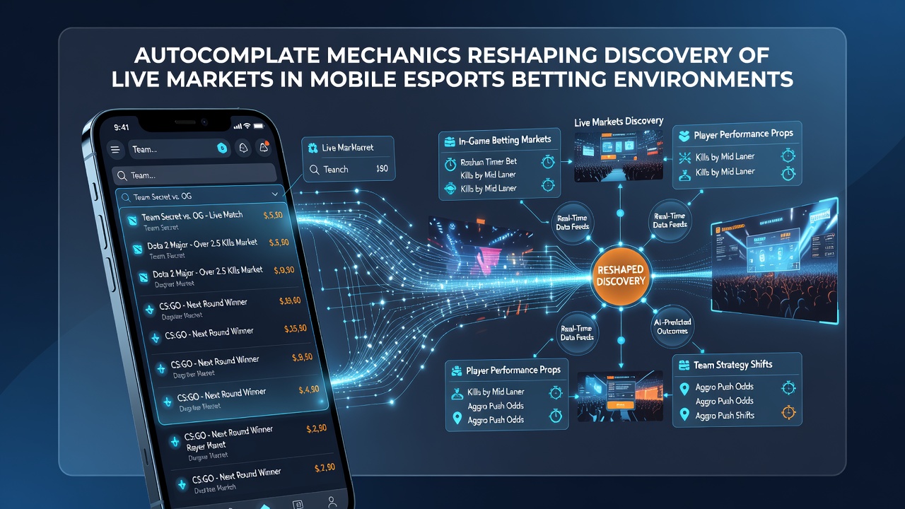 Esports bettor using mobile app with autocomplete suggesting live tournament markets