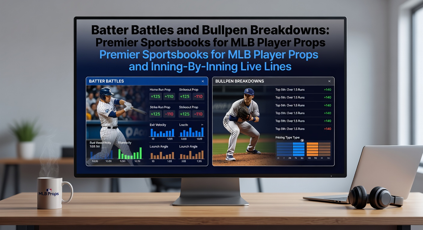 Vibrant MLB stadium scene with overlaid digital graphics showing live player prop odds for batters and pitchers during a tense inning