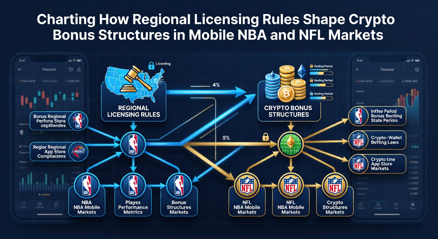 Regional licensing maps overlaying mobile NBA and NFL betting interfaces with crypto bonus indicators