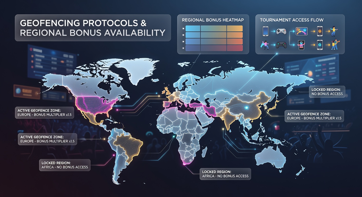 Esports tournament dashboard displaying regional geofence boundaries and active bonus zones