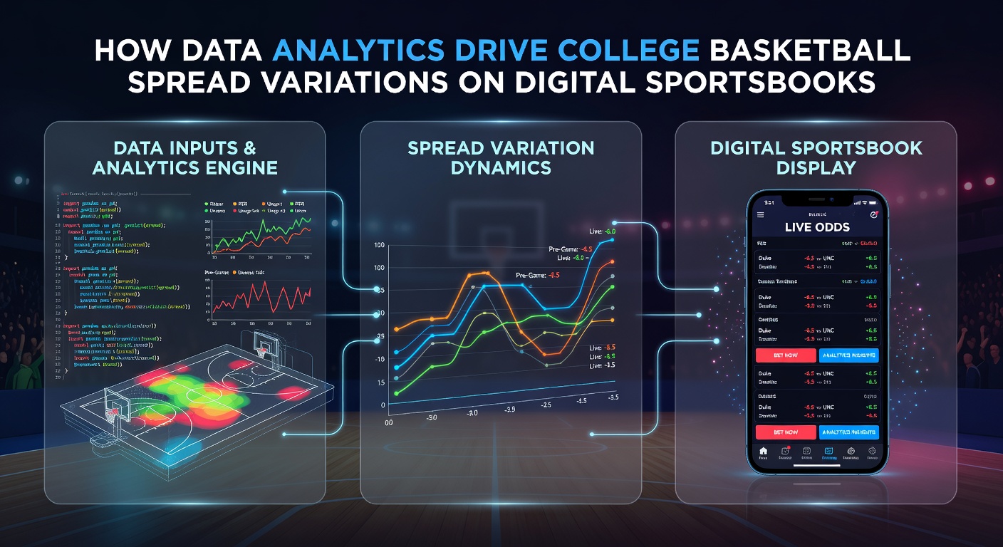 Live college basketball game footage overlaid with data analytics tracking spread movement trends
