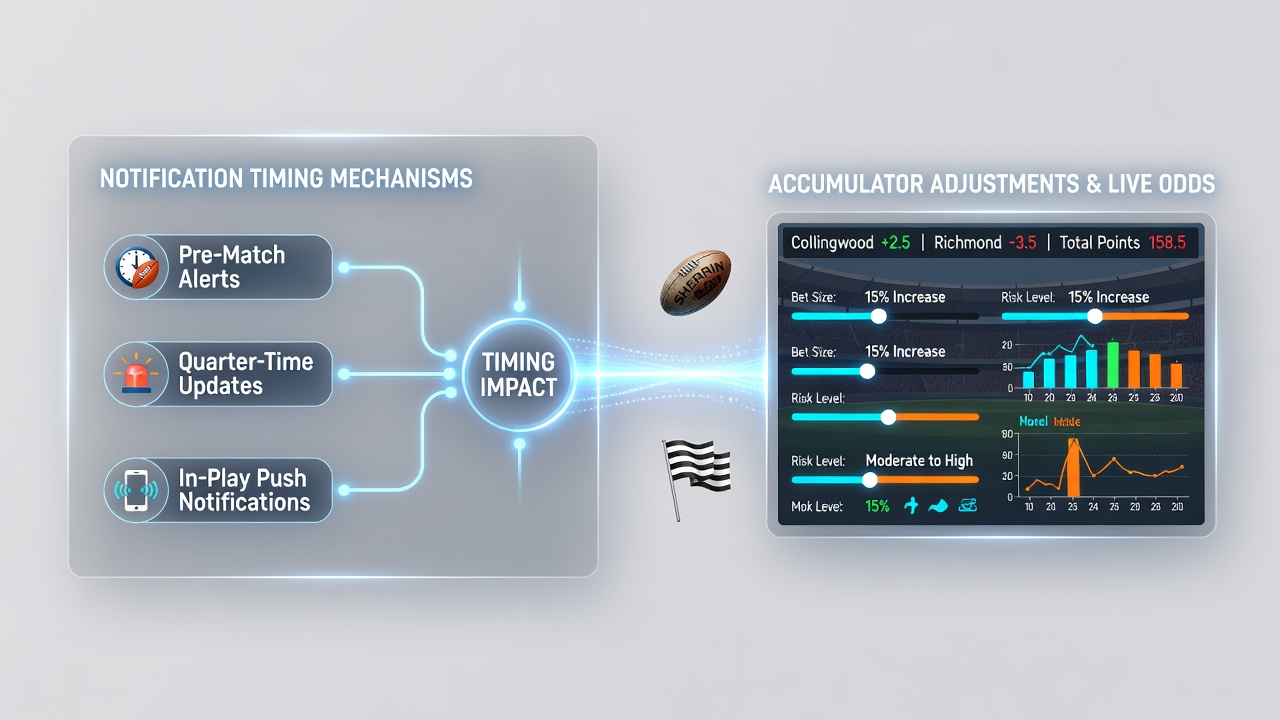 Digital interface showing live Australian rules football accumulator bets with timing indicators and odds adjustments