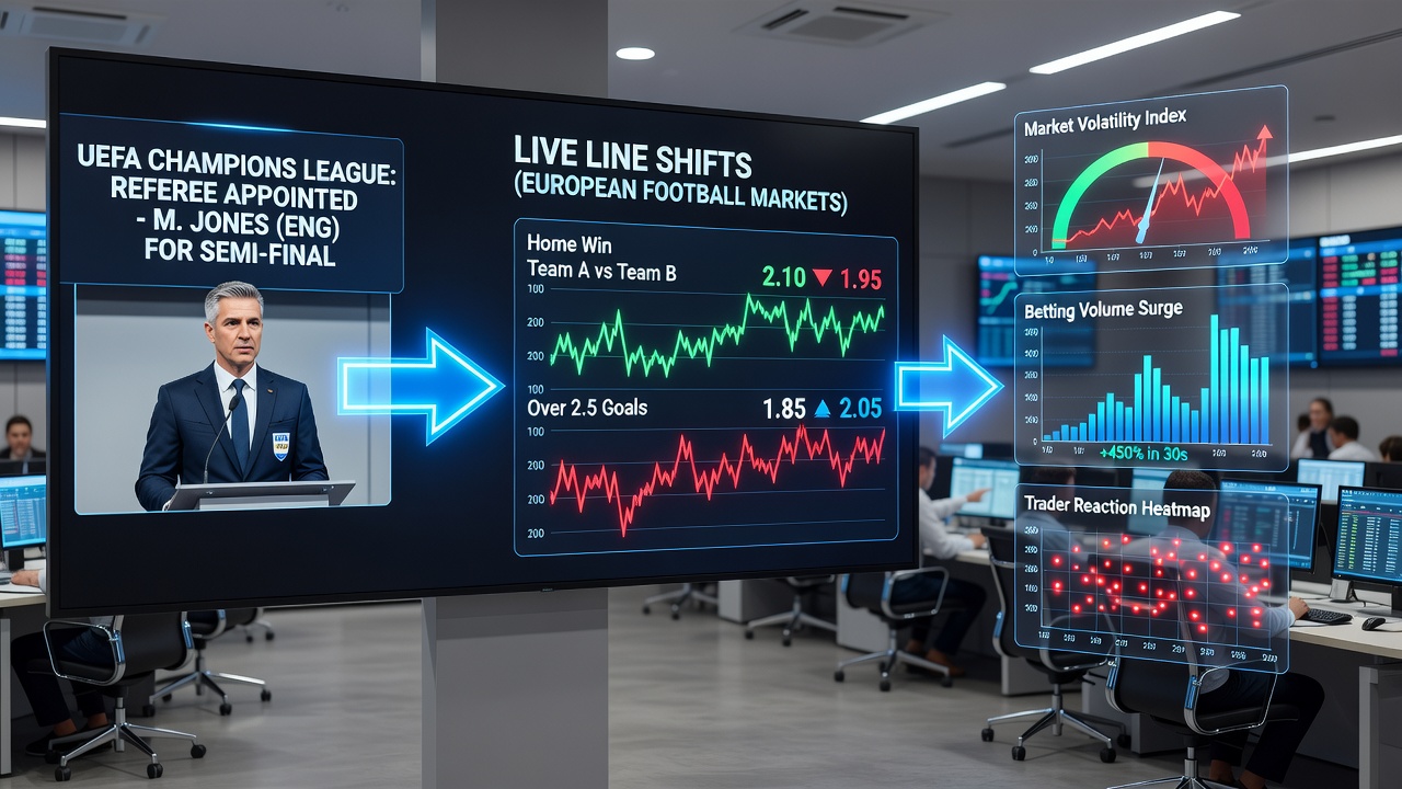 Live odds dashboard on a European regulated app showing card prop lines shifting after a referee announcement for a Champions League match