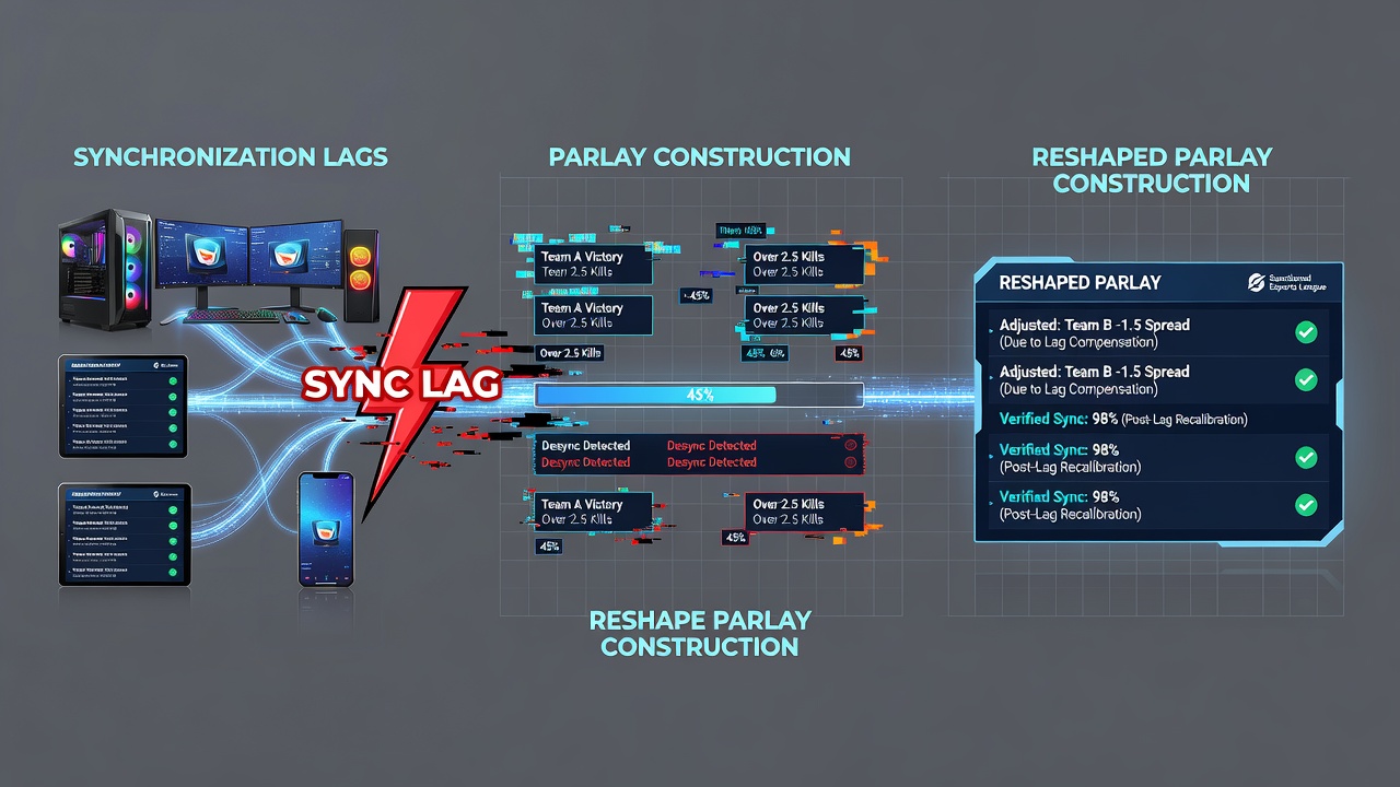 Live esports betting interface highlighting synchronization status and parlay leg confirmation prompts