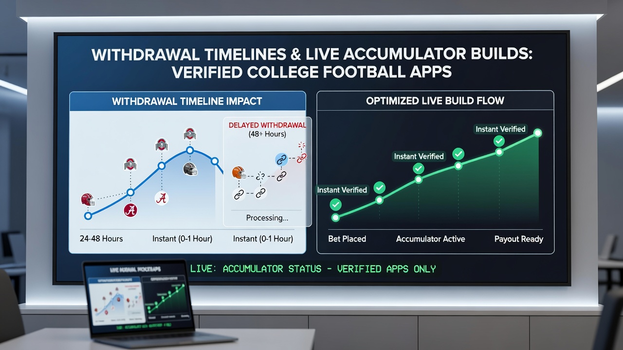 Mobile screen displaying live college football accumulator with withdrawal timeline notifications and balance updates