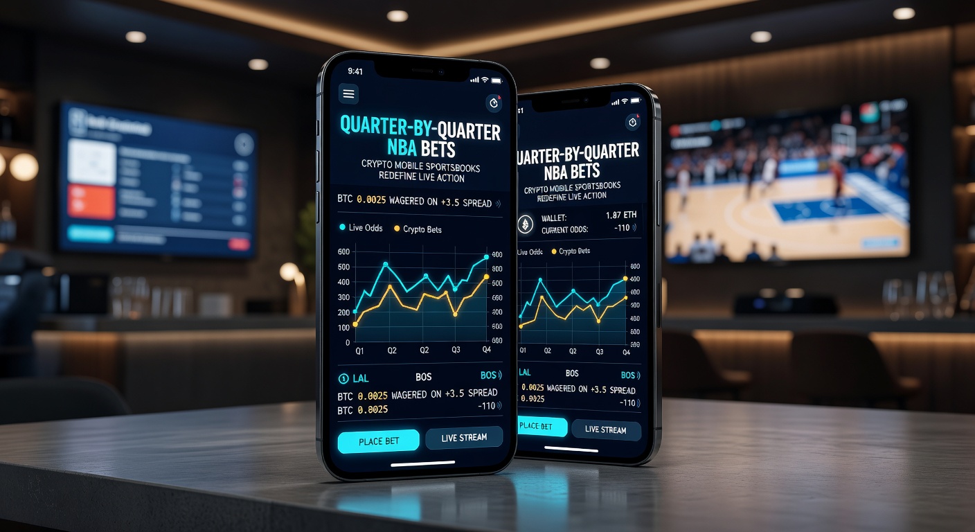Mobile crypto sportsbook interface displaying live NBA quarter bets with odds updating in real-time