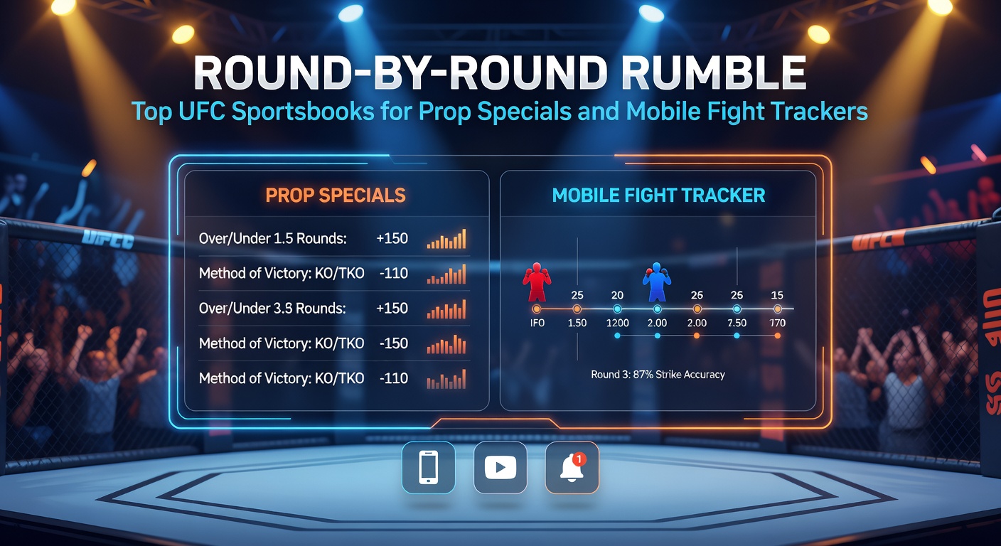 Smartphone screen displaying a UFC fight tracker app with live prop odds updating round by round, takedown stats, and cash-out options