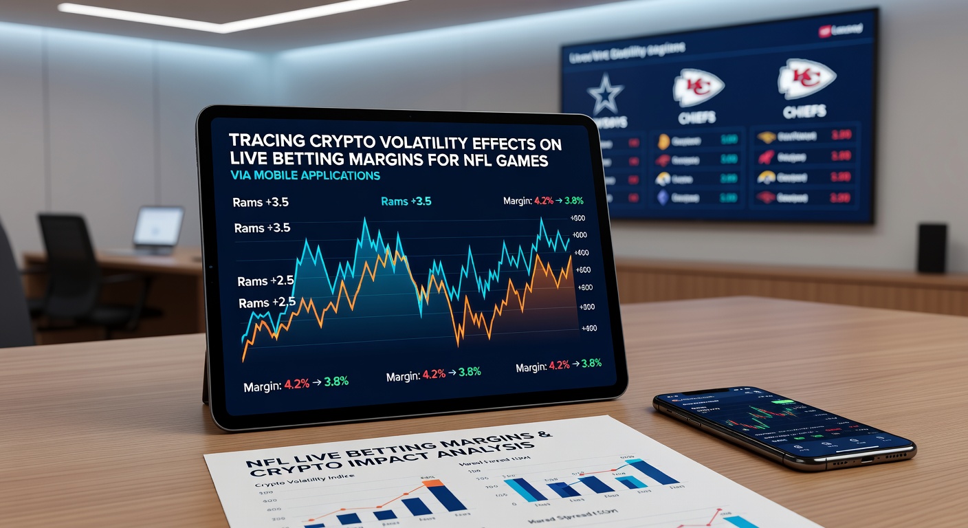 Mobile app interface displaying live NFL betting odds with cryptocurrency payment options highlighted during a game