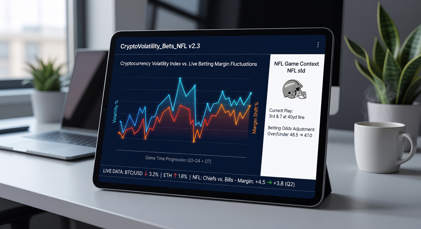 Close-up of a smartphone screen showing fluctuating NFL live betting margins alongside real-time cryptocurrency price charts