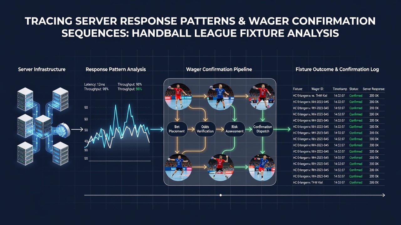 Network diagram illustrating wager confirmation flow from user device through European data centers to handball match data feeds
