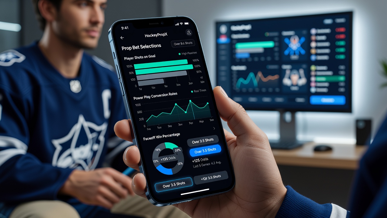 Close-up of hockey prop bet dashboard with animated data visualizations for goalie stats and shot maps